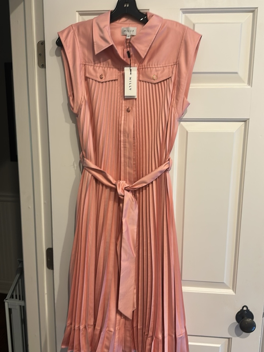 Milly Blush Pink Pleated Midi Shirt Dress with Tie Waist can fit size 8 IMO